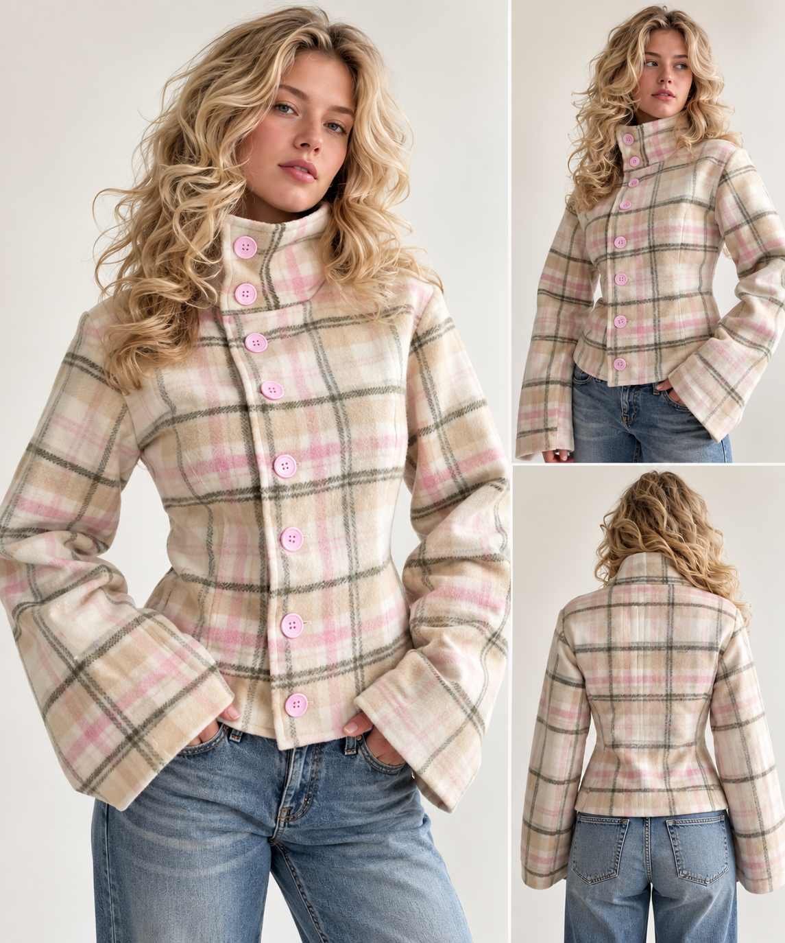 Blush Plaid Funnel Coat